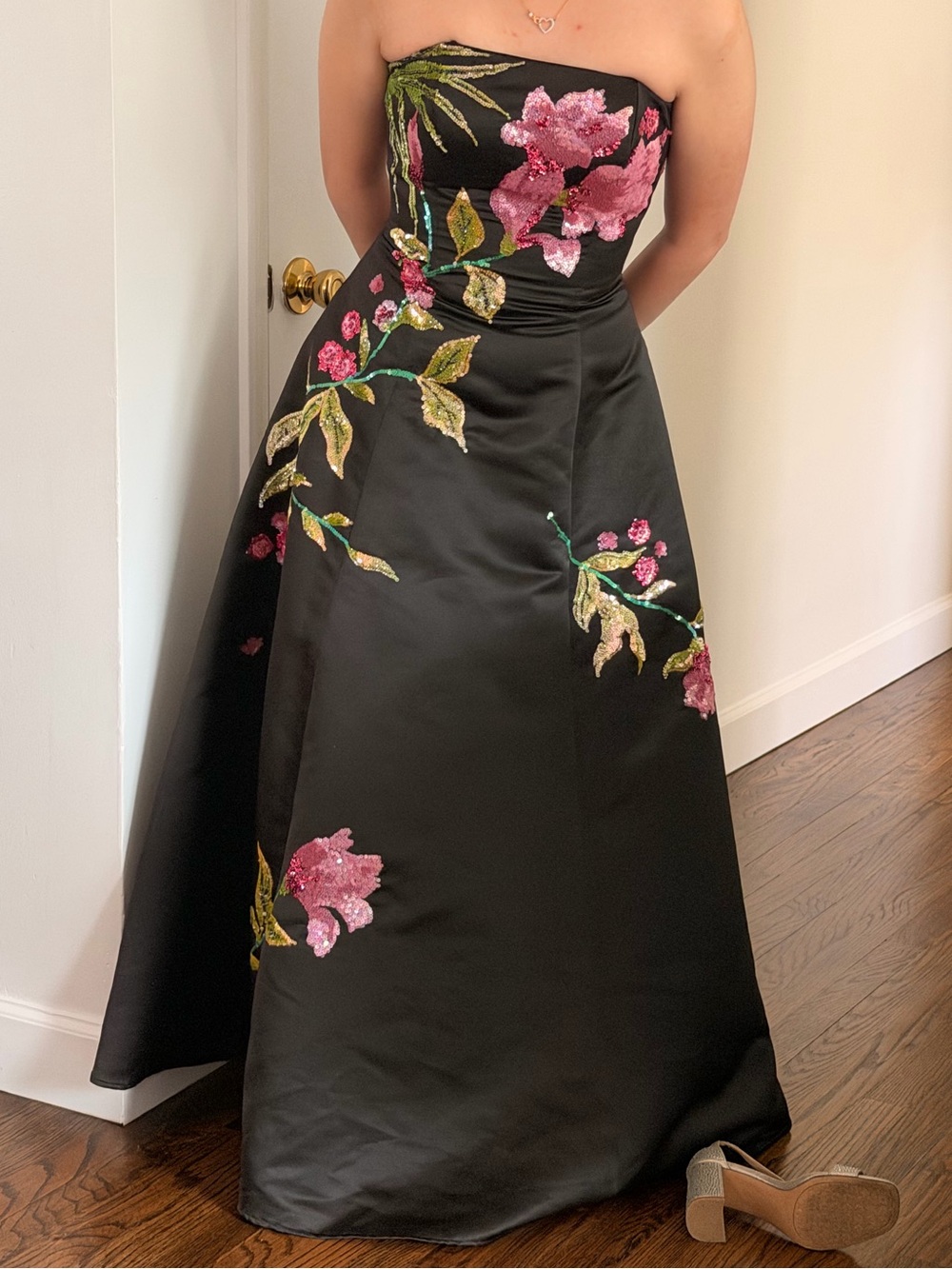 Black Strapless Maxi Dress with Pink Floral Embroidery